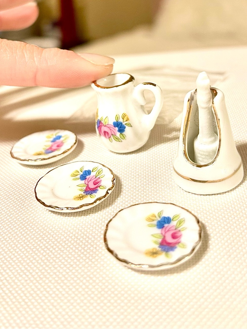 Antique Dollhouse Miniature Porcelain & Gold Tea set